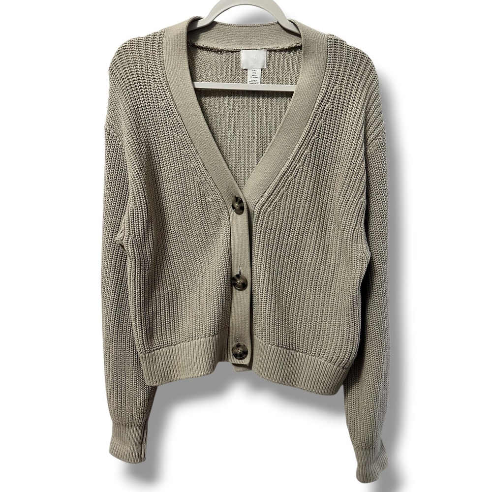 H&M Women's Cardigan V-Neck Shaker Chunky Knit Button Down Beige S Old Money